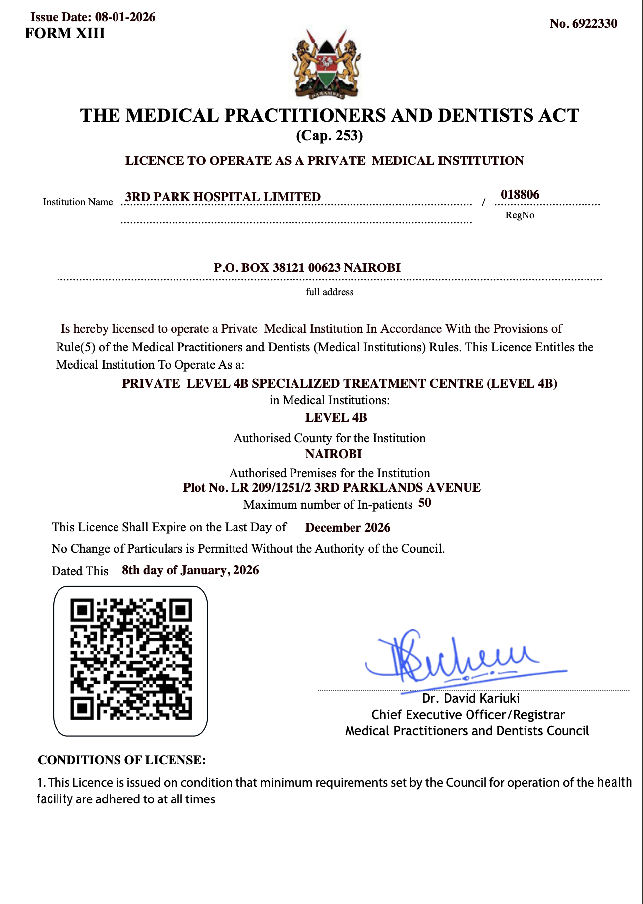 2026 Hospital Licence